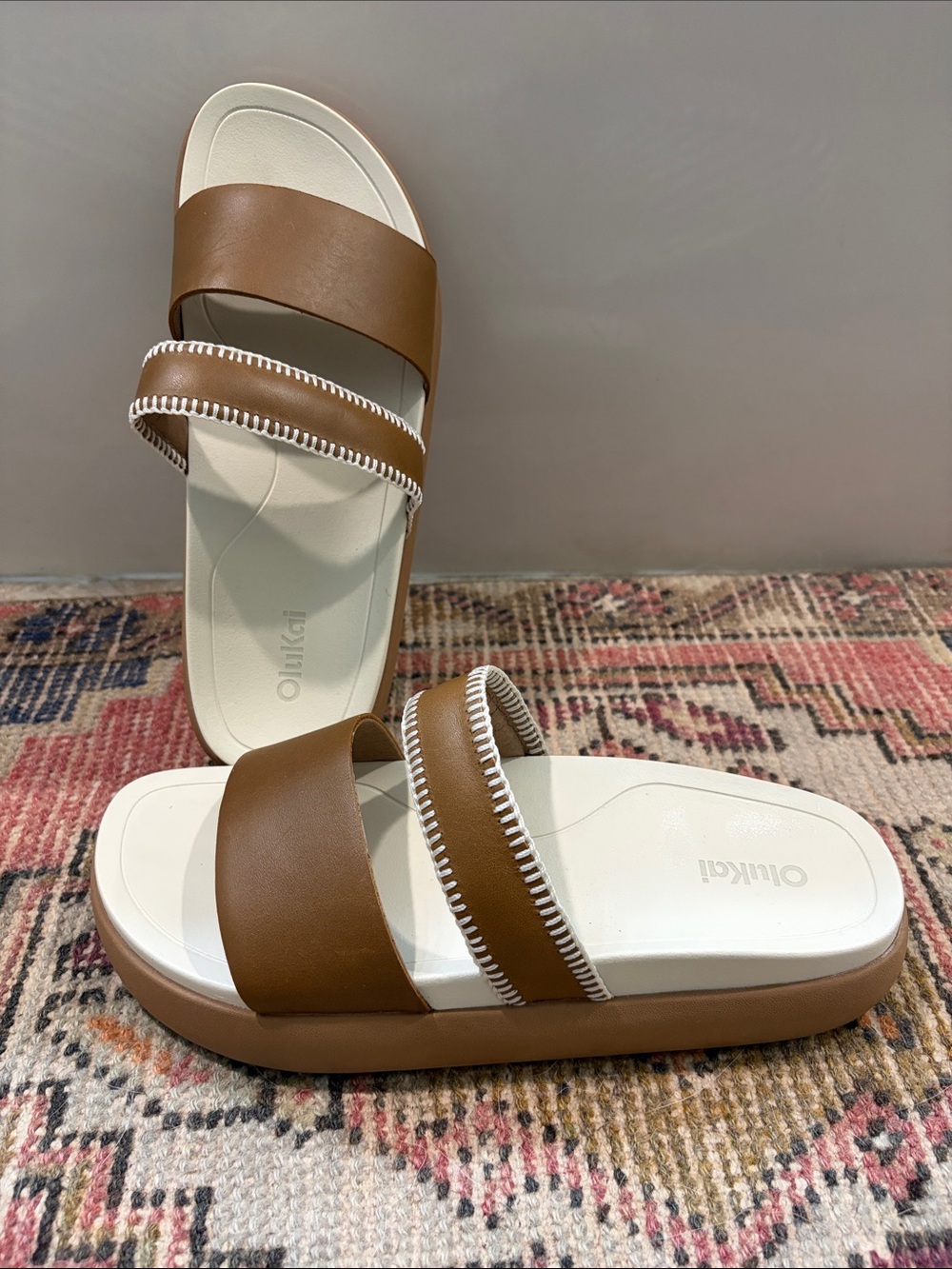 OluKai Tan and White Double-Strap Slide Sandals